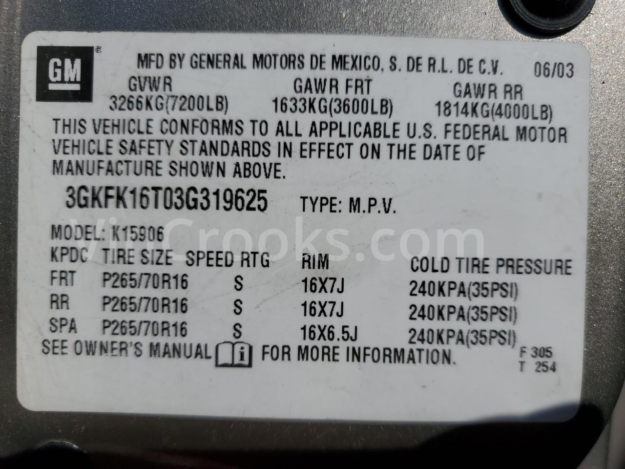 3GKFK16T03G319625